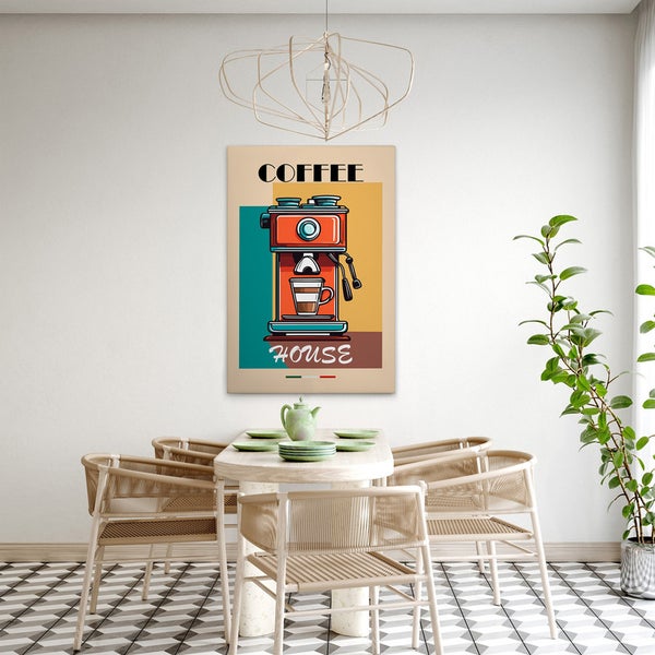 Dekoratives Poster mit Kaffeemaschinenmotiv über einem Esstisch