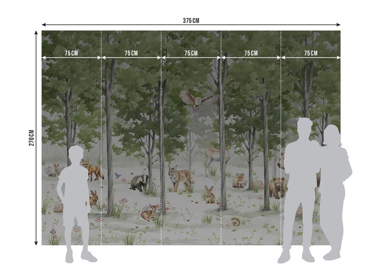 Vliestapete mit Waldmotiv, Tieren wie Eule, Luchs und Reh, langlebige Materialien, umweltfreundliche Tinte und lebendige Farben