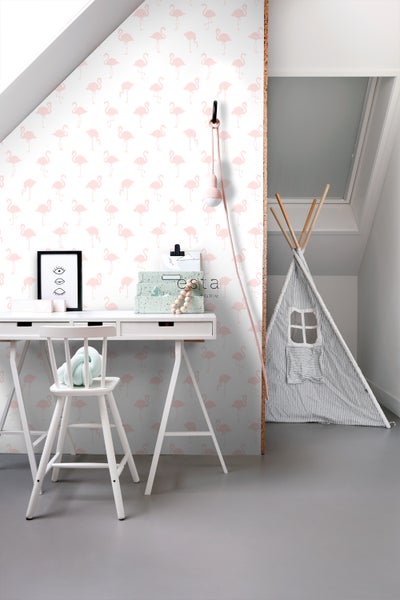 ESTAhome Tapete Flamingos Hellrosa und Weiß - 53 cm x 10.05 m - 138918