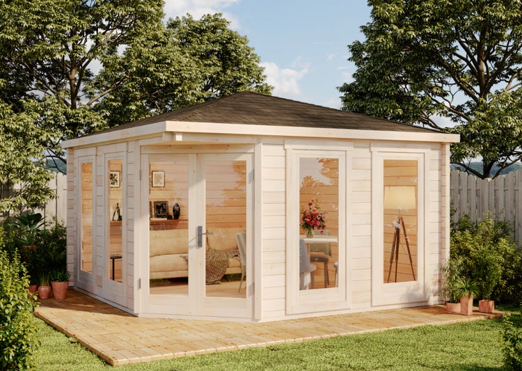 Alpholz 5-Eck Gartenhaus Maja ISO Gartenhaus aus Holz, Holzhaus mit 44 mm Wandstärke, Blockbohlenhaus mit Montagematerial, Naturbelassen 4x4m
