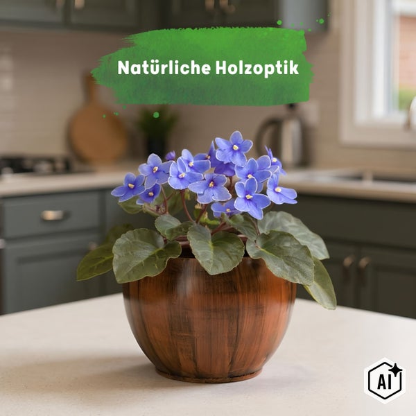 Blühendes Usambaraveilchen in einem runden Pflanztopf mit natürlicher Holzoptik auf einer hellen Küchenarbeitsplatte.