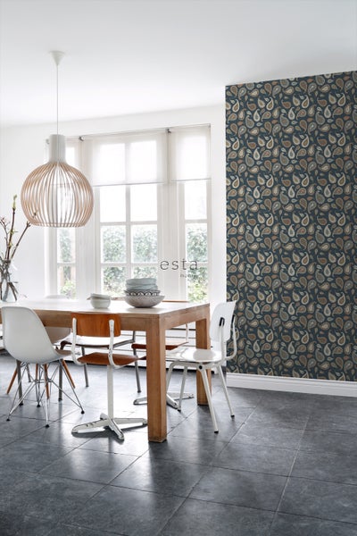ESTAhome Tapete Paisley-Muster Dunkelblau, Beige und Mintgrün - 50 x 900 cm - 139285