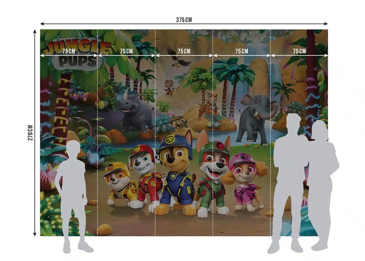 Fototapete Paw Patrol Jungle Pups mit Dschungelmotiv, Breite 375 Zentimeter, Höhe 270 Zentimeter, bestehend aus fünf Bahnen à 75 Zentimeter.