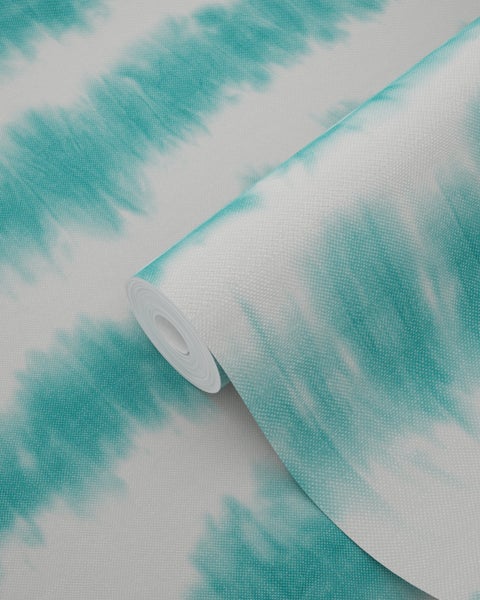 ESTAhome Tapete horizontale Tie-Dye Shibori Streifen Türkis und Weiß - 53 cm x 10.05 m - 148687