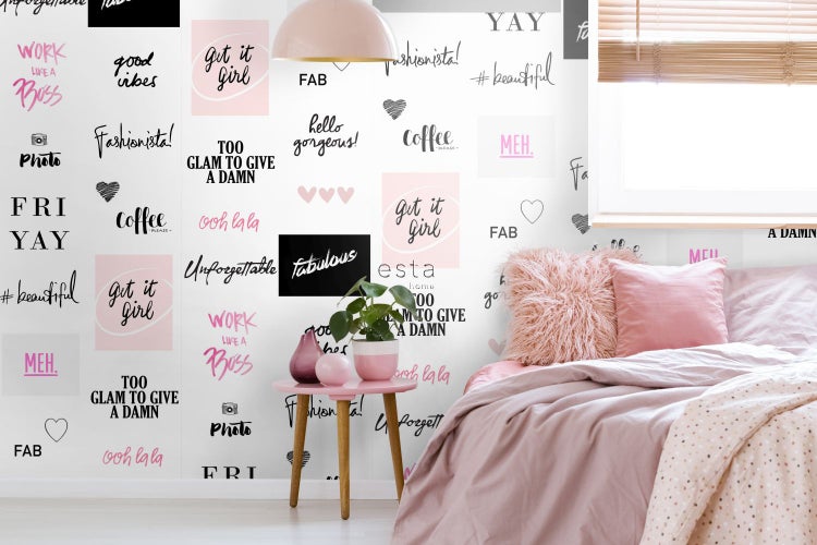 ESTAhome XXL-Vliestapete hippe Sprüche Schwarz, Weiß und Rosa - 50 x 900 cm - 158815