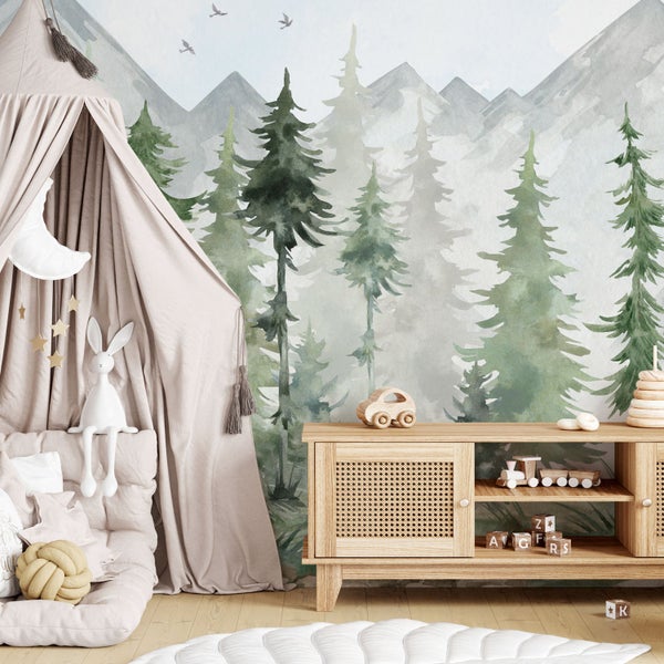 Kindertapete Tannen­wald Aquarell 150 x 280 cm
