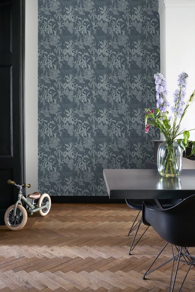 ESTAhome Tapete tropische Blätter Graublau - 50 x 900 cm - 139892