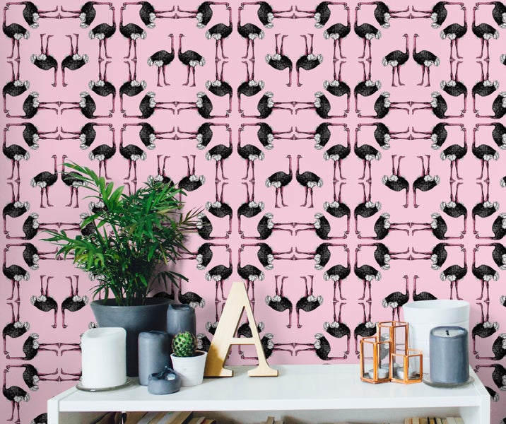 Walls4You Tapete Flamingos Babyrosa und Schwarz - 53 cm x 10 m - 640121