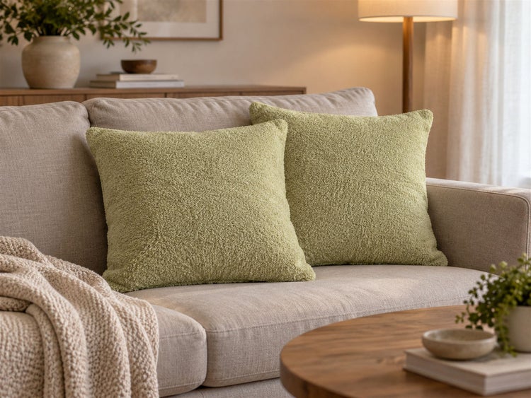 Zwei strukturierte Sofakissen mit Boucle-Oberfläche auf einem Sofa in einem modern eingerichteten Wohnzimmer.