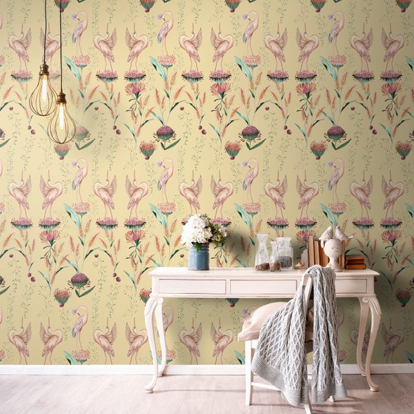 Walls4You Tapete Kraniche Gelb und Rosa - 53 cm x 10 m - 640151