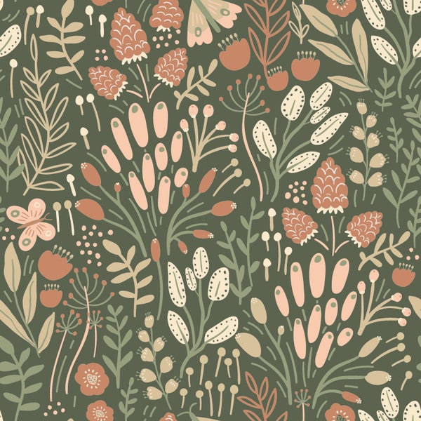 ESTAhome Tapete Blätter und Blumen Grün und Terrakotta - 50 x 900 cm - 131383