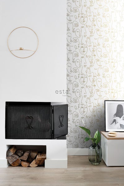 ESTAhome Tapete Line Art Gesichter Weiß und Gold - 53 cm x 10.05 m - 139146