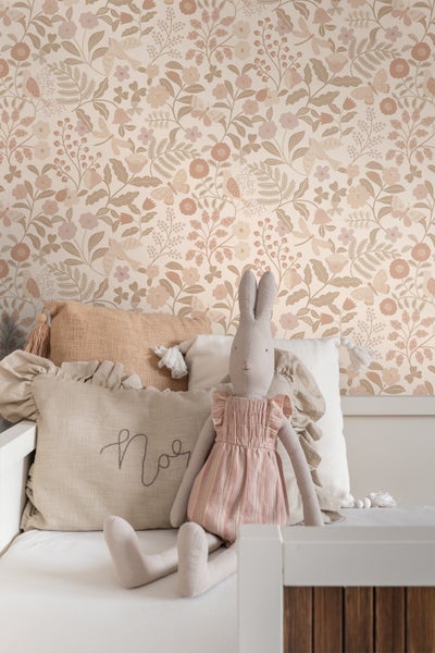 ESTAhome Tapete Blumen und Vögel Beige und Hellrosa - 53 cm x 10.05 m - 139868