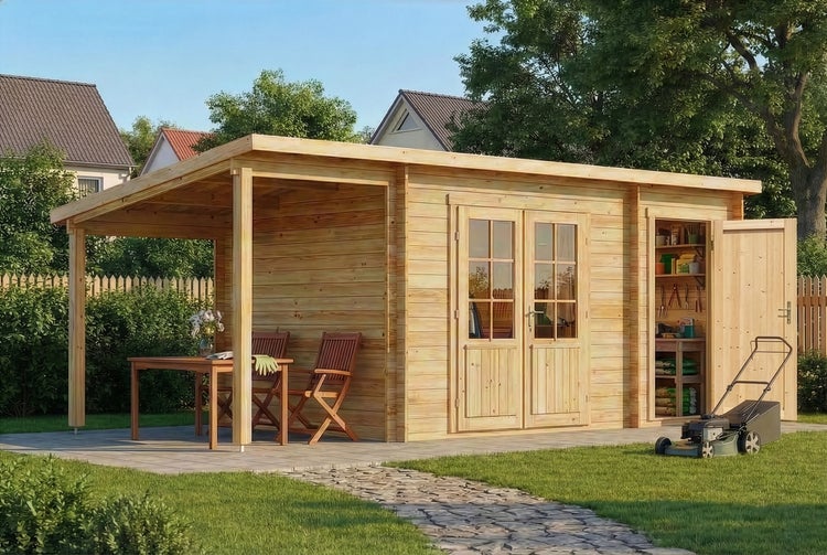 Gartenhaus aus Holz mit Pultdach, integriertem Schleppdach für einen Sitzplatz und separatem Geräteraum mit Tür im hellen Garten.