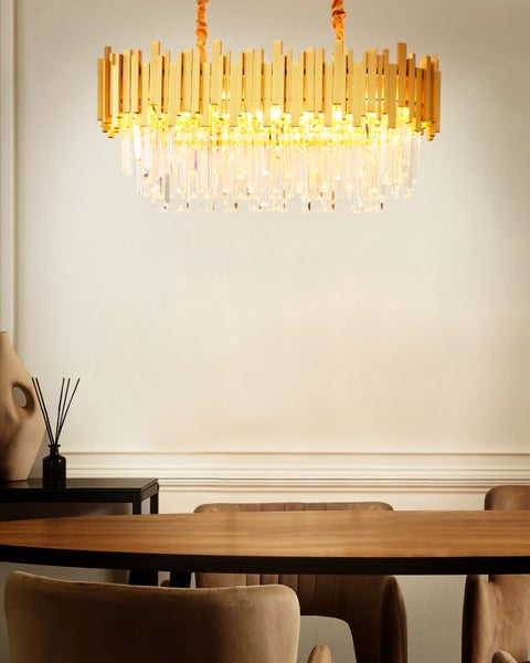 Runde Hängeleuchte mit goldenen Stäben und Kristallanhängern