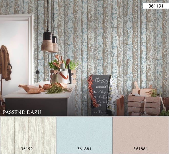 Küchenszene mit einer Holzpaneel-Tapete in Weiß und Braun mit floralem Muster