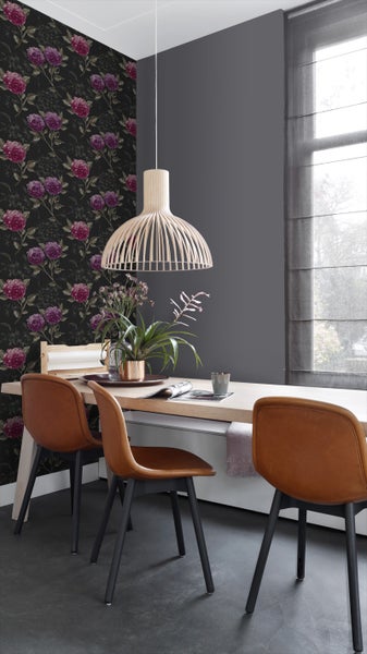 ESTAhome Tapete Hortensien Schwarz und Aubergineviolett - 53 cm x 10.05 m - 128025