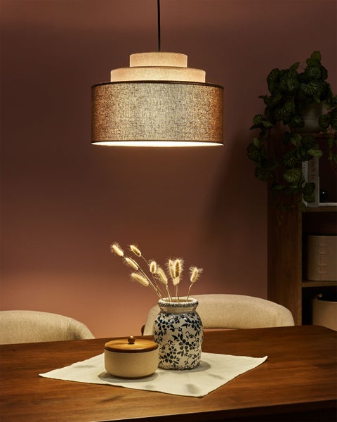 Hängelampe über einem Esstisch mit Dekorationen und Pflanzen