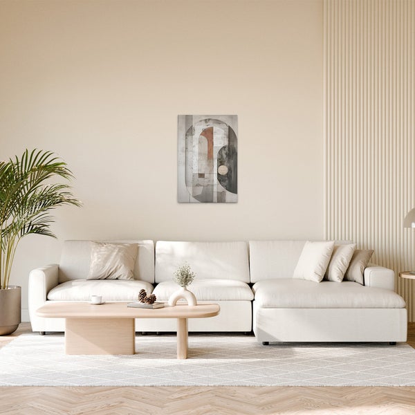 Modernes Wohnzimmer mit Ecksofa, Couchtisch und abstraktem Wandbild