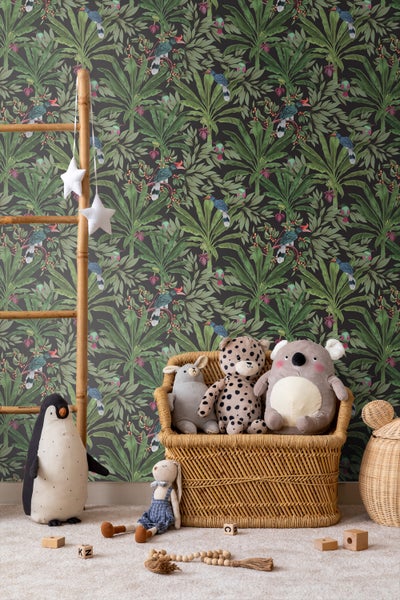 Walls4You Tapete tropische Dschungelblätter und Paradiesvögel Schwarz und Grün - 53 cm x 10.05 m - 935332