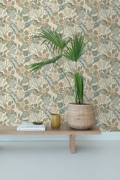ESTAhome Tapete Blumenmuster Beige, Blau und Grün - 53 cm x 10.05 m - 139676