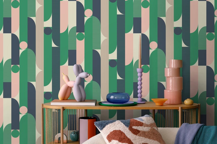 ESTAhome Tapete geometrische Formen Grün, Blau, Rosa und Beige - 50 x 900 cm - 131062