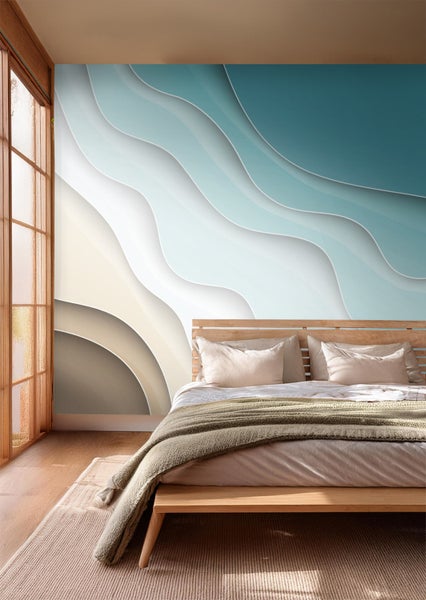 Schlafzimmer mit Design-Vliestapete mit grafischem Muster in Wellenform