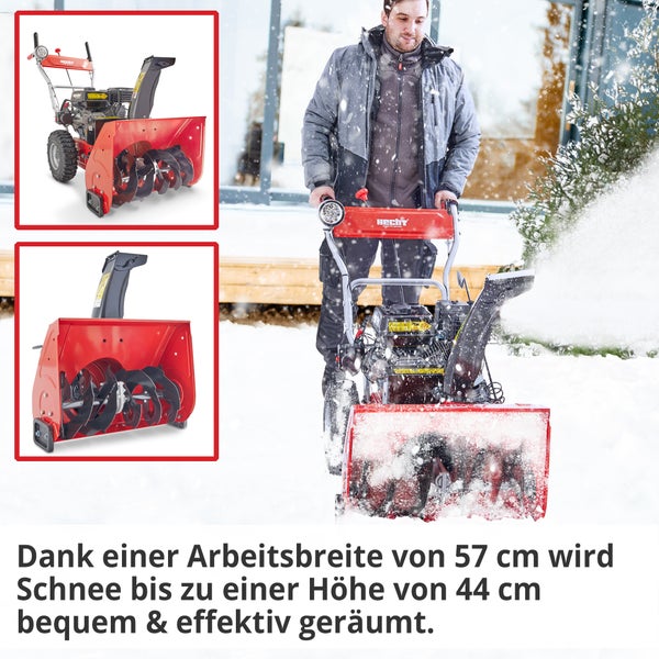Mann benutzt Schneefräse von Hecht zum Schneeräumen