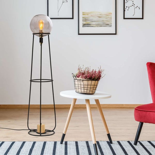 Stehleuchte STELO , moderne Stehlampe aus schwarzem Metall und Rauchglas, E27-Fassung, 128,5 cm hoch, für Esszimmer, Wohnzimmer, Diele oder Büro,