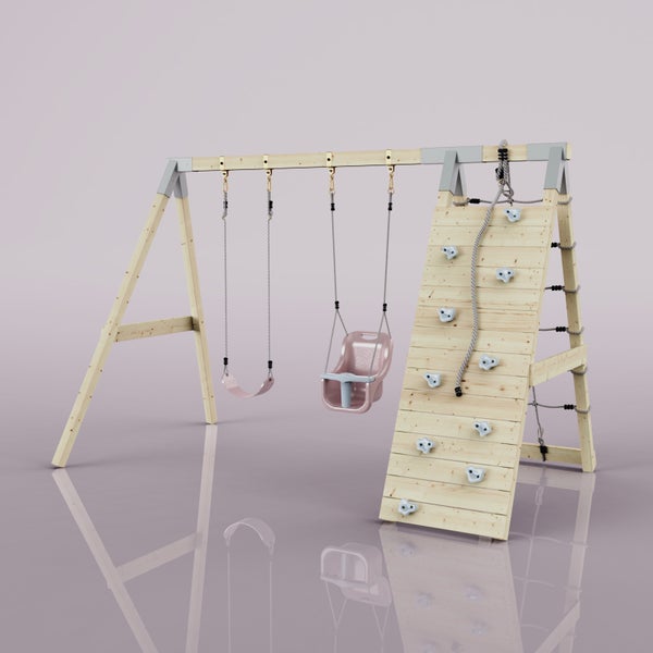 Schaukelgestell aus Holz mit zwei Schaukeln, einer Kletterwand mit Klettergriffen und Kletterseil sowie einer Strickleiter.