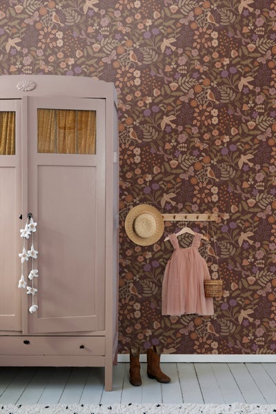 ESTAhome Tapete Blumen und Vögel Braun, Grün, Terrakotta und Lila - 50 x 900 cm - 131467