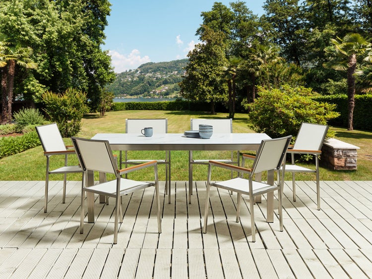 Gartentisch COSOLETO 180 cm 90 cm Marmor Optik Glas Weiß