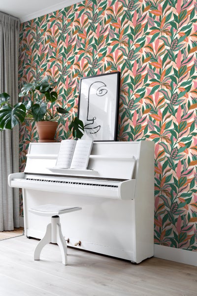 ESTAhome Tapete tropische Blätter Türkis, Rosa und Orange - 50 x 900 cm - 131044