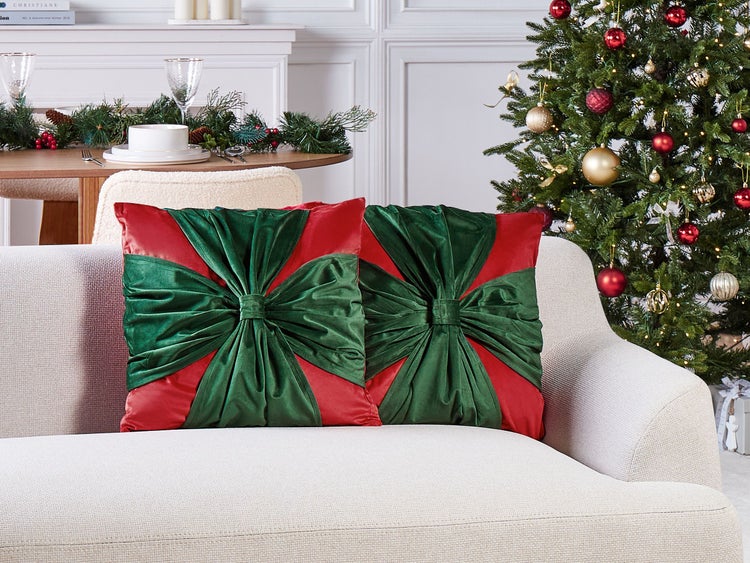 Dekokissen 2er Set MARSHMALLOW Samtstoff 45 x 45 cm Rot Weihnachtsmotiv
