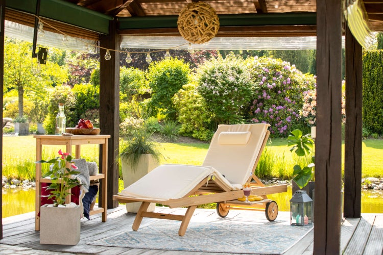 Gartenliege Holz Teak Liege Sonnenliege mit Rollen Relaxliege Pool wetterfest premium