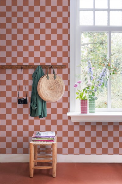 ESTAhome Tapete Karomuster Terrakotta und Altrosa - 50 x 900 cm - 131419