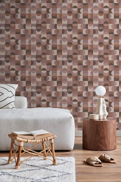 ESTAhome Tapete Kreise im Bauhaus-Stil Braun und mauve-violett - 50 x 900 cm - 131241