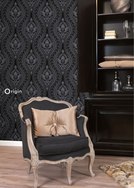 Origin Wallcoverings Tapete Flock-Barockmuster Schwarz - 53 cm x 10.05 m - 346602