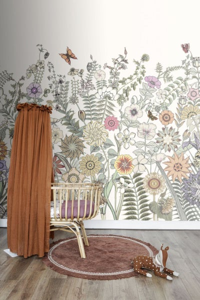 ESTAhome Fototapete Blumen & Schmetterlinge Grün, Orange und Lila - 250 x 279 cm - 159107