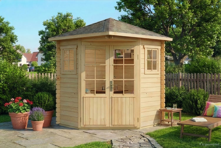 Fünfeckiges Gartenhaus aus Holz mit Doppeltür und Fenstern in einem gepflegten Garten auf einer Steinterrasse