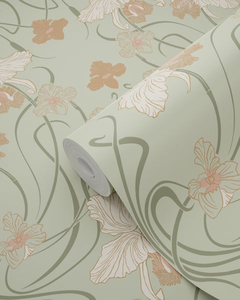 ESTAhome Tapete Blumenmuster im Jugendstil Graugrün und Terrakotta - 53 cm x 10.05 m - 139667