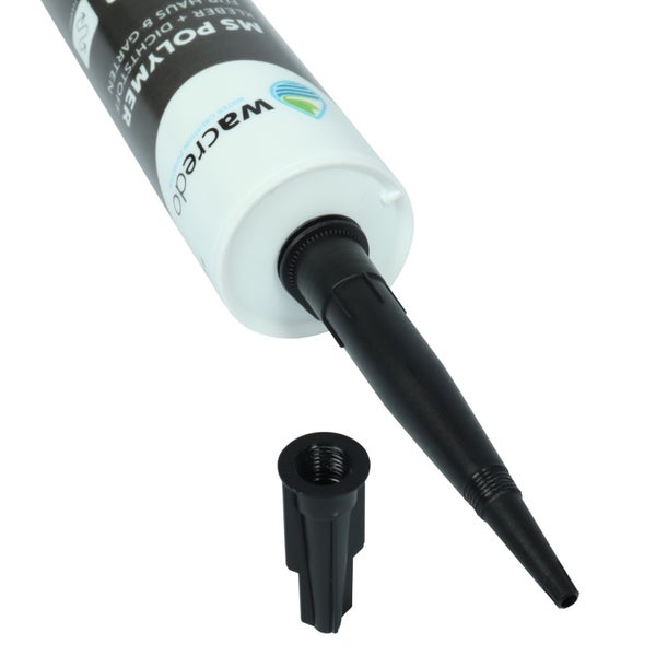 Wacredo MS Polymer Kleber und Dichtstoff Kartusche mit aufgeschraubter Düse und separater Verschlusskappe.
