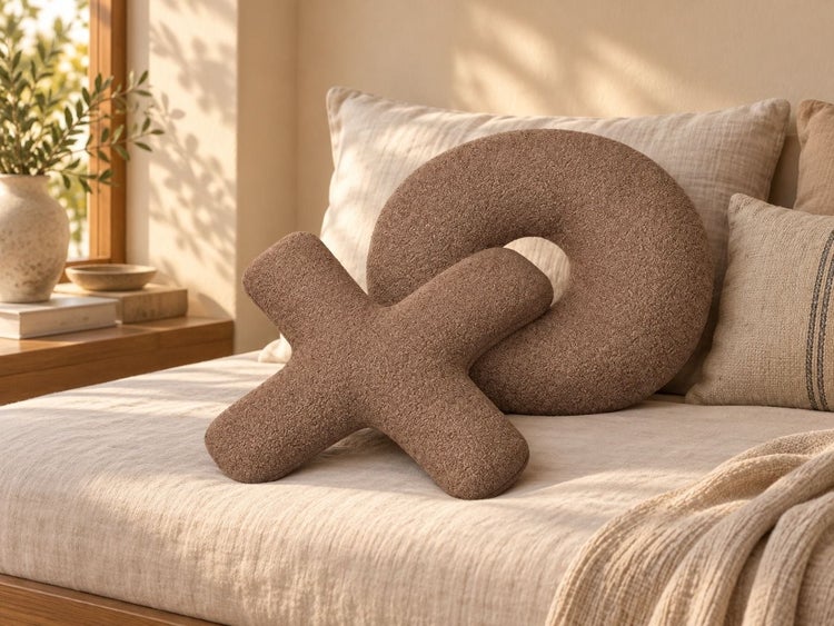 Dekorative Kissen in X und O Form mit Struktur auf einem Bett in einem hellen, natürlich eingerichteten Schlafzimmer.