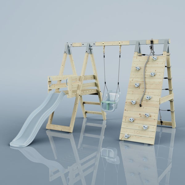 Klettergerüst aus Holz mit Rutsche, Schaukel, Kletterwand und Strickleiter in A-Form.