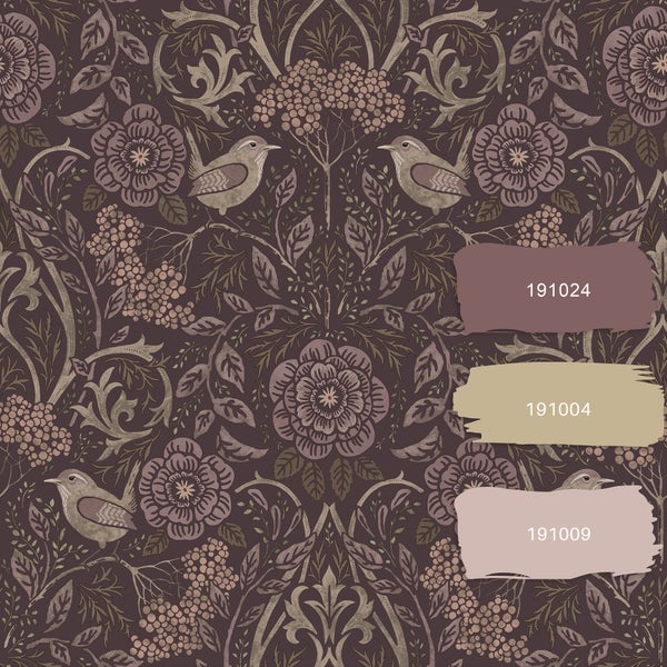 ESTAhome Tapete Blumen und Vögel mauve-violett - 53 cm x 10.05 m - 131208