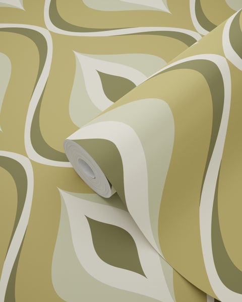 Tapetenrolle mit grafischem Muster in Grün- und Beigetönen