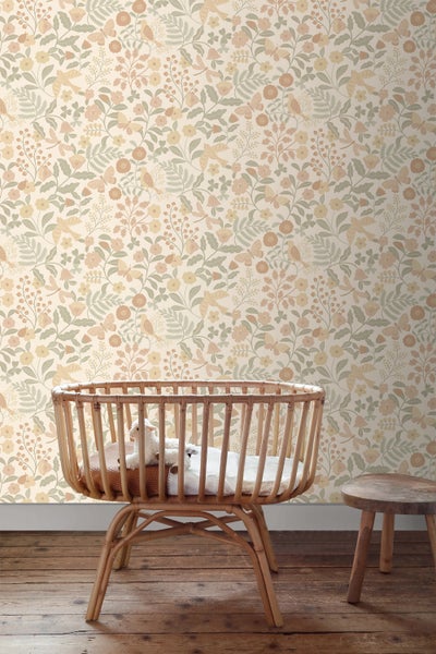 ESTAhome Tapete Blumen und Vögel Beige, Grün und Hellrosa - 53 cm x 10.05 m - 139867