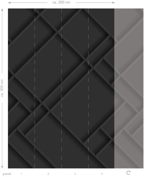 Dunkle Vliestapete mit dreidimensionalem grafischem Muster und einer Größe von circa 200 mal 300 Zentimetern.