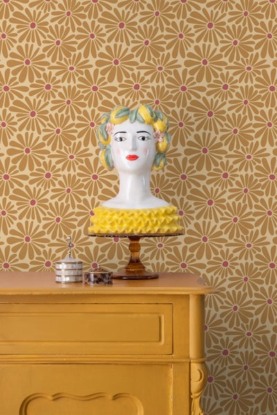 ESTAhome Tapete Gänseblümchen Ockergelb und Rosa - 50 x 900 cm - 131152