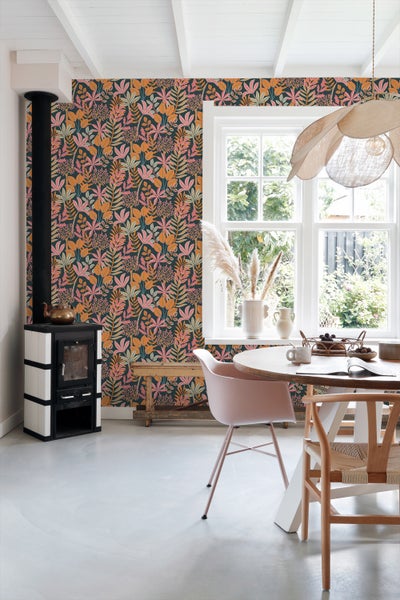 ESTAhome Tapete Blätter Orange, Rosa und Dunkelblau - 50 x 900 cm - 130993